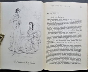 Trollope, Eustace Diamonds, US Ed. 1951, Ken Riley illustrations: "The Eustace Diamonds" by Anthony Trollope, illustrated by Kenneth Riley; Designed for Modern reading, published by Doubleday, Garden City, NY, 1951. First edition for the illustrations. Hard boards,