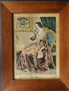 Currier, Amelia, 1845 Antique Stone Litho, Early American Folk Art, Framed: "Amelia", original hand colored lithograph, by Nathaniel Currrier, marked at the bottom, "Lith & Pub. by N. Currier, 2 Spruce St. N.Y., Entered according to Act of Congress in the year 1845 by N. Curr