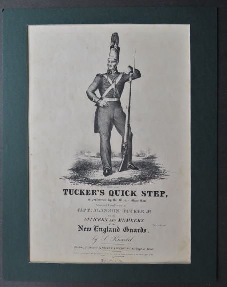 Guardsman, American Folk Art, Antique 1836 Hand Litho, Tucker Quick Step: Original antique 1836 Military Art - New England Guardsman - Hand-Lithography, Pendleton, Boston. Tucker's Quick Step sheet music. Stone lithography [drawn on lithographic limestone]. The picture mat 
