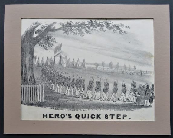 Heroes Quick Step, 1836 Antique Hand Litho, American Folk Art, Military Music (1 of 9)
