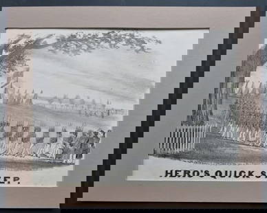 Heroes Quick Step, 1836 Antique Hand Litho, American Folk Art, Military Music: Original antique 1836 Military Art / early American Folk Art; hand-lithography, Henry Prentiss, Boston. "Hero's Quick Step" sheet music. The matching size picture mat is included. "Hero's Quick