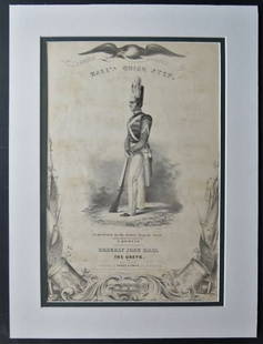 Cooke, US Soldier, 1840 Antique Hand Lithograph, Hall Quick Step, Military Music: Original antique Military Art, by R. Cooke - hand-lithography [drawn on lithographic limestone], Thayer, Boston. Halls Quick Step sheet music. The matching size picture mat is included in this lot. 