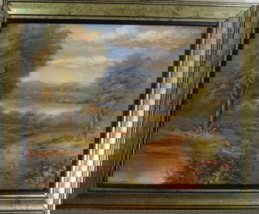 Hampton, Romantic Landscape, Signed, Oil Painting on Canvas 1970s, Framed: "Romantic Landscape", vintage small oil painting on stretched canvas, signed "W. Hampton" c.1970s, vintage wooden frame. Oil on stretched canvas, 10" x 8" [25.5cm x 20cm], the frame 11.3/4" x 9.3/4" [