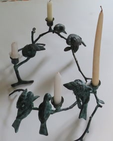 Set of 2 Bronze Metal Candle Holders Birds on a Branch Sculpture