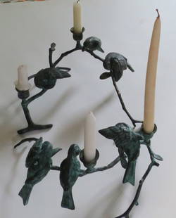 Set of 2 Bronze Metal Candle Holders Birds on a Branch Sculpture: "Birds on a Branch", set of two [2] metal candle holders, each can for two candles, metal sculpture, unmarked, genuine bronze, patina. The sculptures each is c.13" x 10" [33cm x 25cm]; 6.1/2" [16.5cm]