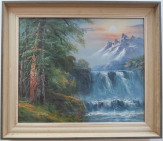 Romantic Landscape with Waterfall, Oil Painting on Canvas, Hudson River School, 1970s