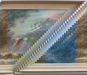 Romantic Landscape with Waterfall, Oil Painting on Canvas, Hudson River School, 1970s: "Romantic Landscape with Waterfall", large vintage oil painting on stretched canvas, unsigned, Hudson School style, c.1970s. Vintage wooden frame. Oil on stretched canvas, varnish, 23.3/4" x 19.3/4" [
