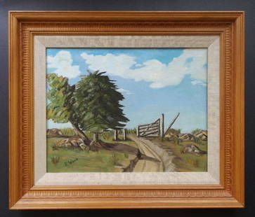 Wood, Old Cattle Gate, Oil Painting on Canvas Board 1970s, Framed: "Old Cattle Gate" by R. Wood, vintage oil painting on Plyex canvas board, 1970s, signed "R. Wood". Vintage wooden frame. The painting is 14"x 11" [35.6cm x 27.9cm]; the frame is 19" x 16" [48.2cm x 40
