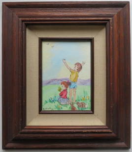 Wood, Childhood The Season of Joy, Oil Painting on Canvas Board 1983, Framed: "Childhood The Season of Joy" by R. Wood, vintage oil painting on canvas board, 1983, signed "R. Wood / 83"; vintage wooden frame. The painting is 5"x 7" [12.6cm x 17.6cm]; the frame is 12.1/2" x