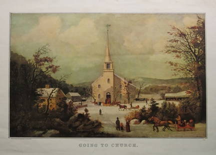 Currier & Ives, George Durrie, Going To Church, 1949 Wall Calendar Print: "Going To Church" by George H. Durrie, (1853). Currier & Ives plate from the used 1949 wall calendar. The plate is reproduced in the original size. Travelers Insurance Company began issuing calendars