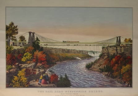 Currier & Ives, Rail Road Suspension Bridge, Vintage 1950 Wall Calendar Print: "The Rail Road Suspension Bridge. Near Niagara Falls" by Currier & Ives, 1856. Vintage plate from the used 1950 wall calendar. The Currier & Ives plate is reproduced in original size. The picture [lit