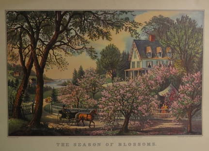 Currier & Ives, The Season of Blossoms, 1950 Wall Calendar Print: "The Season of Blossoms" by Currier & Ives, 1865. Vintage plate from the used 1950 wall calendar. The Currier & Ives plate is reproduced in original size. The picture [lithographed area] is c.13.1/2"