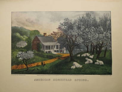 Currier & Ives, American Homestead Spring, 1940s Print: "American Homestead Spring" by Currier & Ives, 1869. Reproduction plate in original size, c.1940s-1950s. The picture [lithographed area] is c.12.1/2" x 8" [31.7cm x 20cm]; the entire plate is 16" x 12