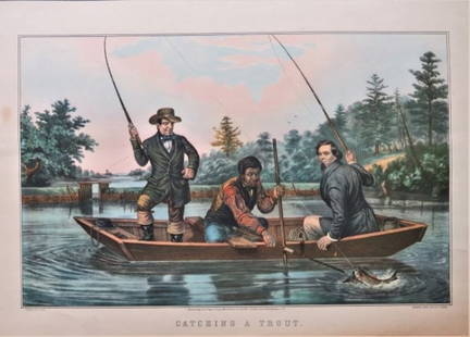Currier & Ives, Catching a Trout, Vintage 1950 Wall Calendar Print: "Catching a Trout" by Currier & Ives, 1854. Vintage plate from the used 1950 wall calendar. The Currier & Ives plate is reproduced in original size. The picture [lithographed area] is c.13.1/2" x 8.1/