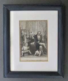 The Distressed Bachelor, 1860s, Antique Victorian Engraving, Oak Wood Frame