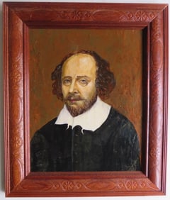 Portrait of William Shakespeare, Vintage Orig. Painting on Cardoard, 20. Century, Framed