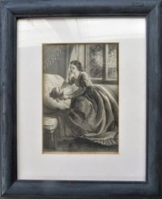 Mother, 1860s, Antique Victorian Engraving, Oak Wood Frame