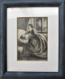 Mother, 1860s, Antique Victorian Engraving, Oak Wood Frame: "Mother" plate from the 'Peterson's Magazine', 1860s, steel engraving, stated "Engraved and printed by Illman Brothers," framed in picture mat and vintage oak wood glass frame. The engraved picture