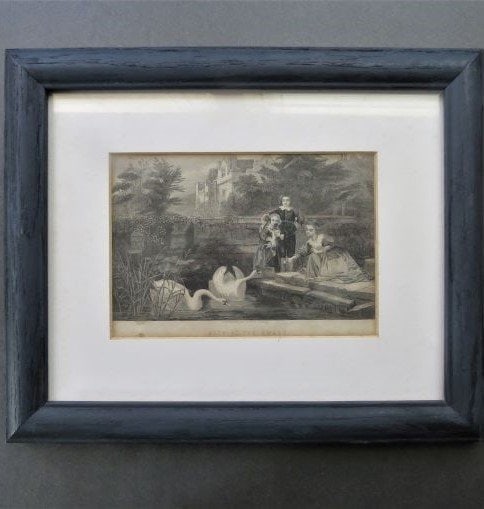 Feeding the Swans, 1860s, Antique Victorian Engraving, Oak Wood Frame: "Feeding the Swans" plate from the 'Peterson's Magazine', 1860s, steel engraving, stated "Engraved and printed by Illman Brothers," framed in picture mat and vintage oak wood glass frame. The engraved