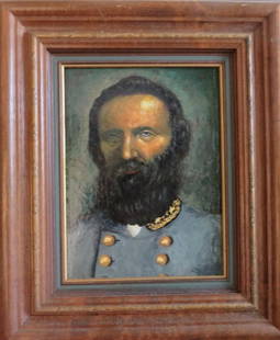 Portrait of General Stonewall Jackson, Vintage Original Painting, Framed: Portrait of General Thomas Jonathan "Stonewall" Jackson (1824-1863), vintage original oil (acrylic?) painting on cardboard, varnished, unsigned, probably 20th century, framed in vintage wooden frame.