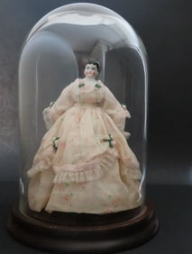 Antique Porcelain Doll in Civil War Era Ball Dress by Sylvia Dornhecker, Glass Dome