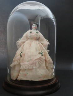 Antique Porcelain Doll in Civil War Era Ball Dress by Sylvia Dornhecker, Glass Dome: Antique German porcelain doll, fully dressed in a Civil War period [late 1850s-early 1860s] crinoline balldress [ball dress], undergarments, and petticoat hand-sewn by Sylvia Dornhecker, a recognized