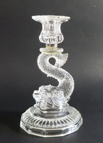 French Vallerysthal Portieux Crystal Glass Candle Holder, Heraldic Dolphin