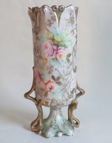 Antique Art Nouveau Royal Vienna Germany Porcelain Vase, Roses & Gold, 1900s
