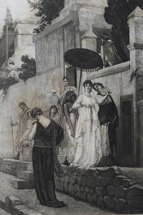 Gustave Rodolphe Boulanger, Street of the Tomb Pompeii, Photogravure, Goupil 1881: "The Promenade in the Street of the Tomb" [Pompeii], antique photogravure after the painting by Gustave Rodolphe Boulanger, engraved by Goupil, 1881; printed on heavy stock paper; signed in plate " G.