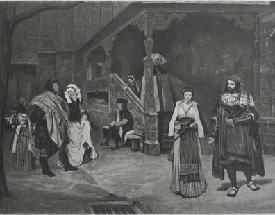 James Tissot, Meeting of Faust & Marguerite, Photogravure, Goupil 1881: "The Meeting of Faust and Marguerite" antique photogravure after the painting by James Tissot, engraved by Goupil, 1881; printed on heavy stock paper; signed in plate "James Tissot, Pinx." and