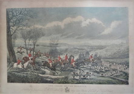Hodges, Chase of The Roebuck, 1834 Aquatint, Antique Engraving: "The Chase of The Roebuck" hand colored aquatint after original drawing by W.P. Hodges, engraved by H. Alken & R.J. Reeve, published by Thomas McLean, 26, Haymarket, 1834 [London]. Inscription, "Dedic