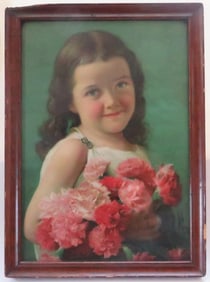 Flower Girl, Antique Chromolithography Print 1880s, Framed