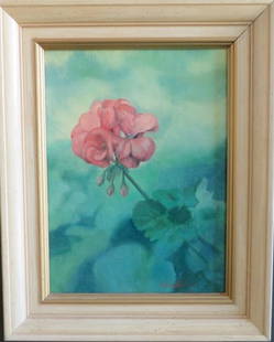 Shelton, Geranium Flower, Oil Painting on Canvas Board 1978, Framed: "Geranium Flower", vintage oil painting on Plyex canvas board, 1978, signed in the lower right corner "M.R. Shelton / 78"; in vintage wooden frame. The painting is 9" x 12" [22.9cm x 30.5cm]; the fram