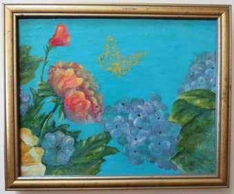 Flowers and Butterfly, Acrylic Painting on Board, Framed