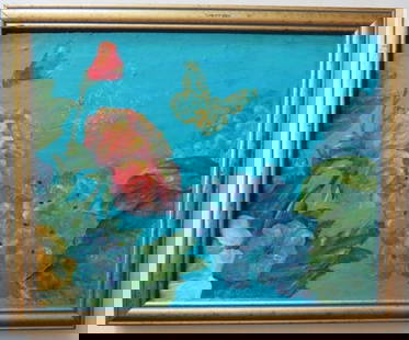 Flowers and Butterfly, Acrylic Painting on Board, Framed: "Flowers and Butterfly", acrylic painting on board, signed in the lower left corner; in vintage wooden frame. The painting is 10" x 8" [20.3cm x 25.3cm]; the frame is 11" x 9" [28cm x 22.9cm]. The