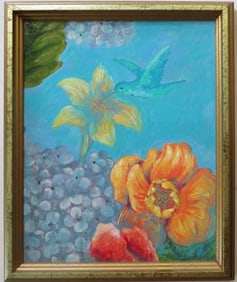 Flowers & Hummingbird, Vintage Acrilic Painting, Framed
