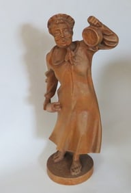 Angry Wife with Rolling Pin & Clock, 1950s German Wood Carved Figurine