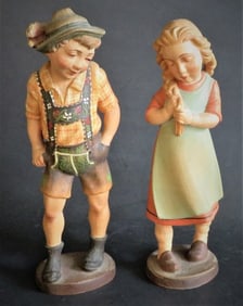 Set of 2 Antique German Wood Carved Boy & Girl Figurine, 1920s-1930s