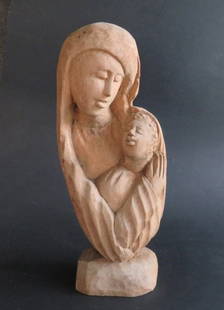 Madonna with Child, Hand-Carved Wood Sculpture, Ecuadorian Folk Art: "Madonna with Child", vintage hand-carved wood sculpture, unmarked, Ecuadorian Folk Art, mid-20th century. The figure is c.13" [36cm] tall, c.5.1/2" x 2" [14cm x 5cm]; the base is 4" x 2.1/2" [10.2cm
