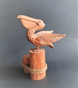 Pelican on Logs, Vintage Hand-Carved Wood Sculpture, Folk Art