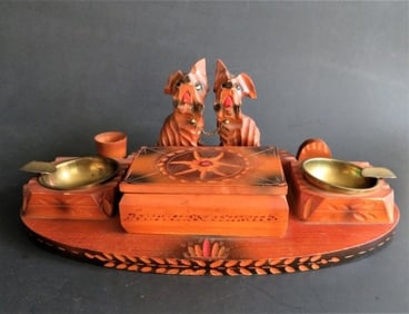 Art Deco 1930s German Wood Carved Dog Figurines, Desk Accessory