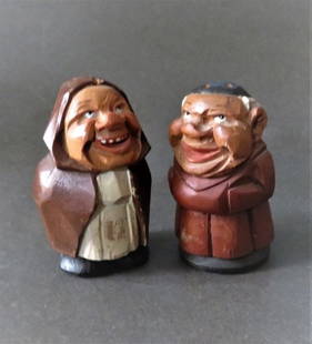 Monk & Nun Figurines, 1930s German Wood Carved Salt & Pepper Shaker: "Monk & Nun", set of two [2] vintage salt & pepper shaker; German wood carved and hand-painted figurines, Folk Art, unmarked, 1930s. The shakers are c.2.3/4" tall, 1.1/2" across [7cm x 3.8cm], there i