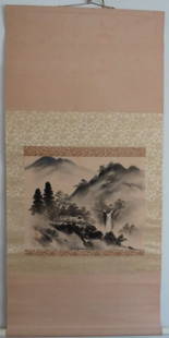 Japanese Hanging Scroll, Palace & Waterfall in Mountains, Signed, c.1920s-1960s: Vintage Japanese hanging scroll (kakejiku or makimono) features a mountain landscape with a seventeenth century palace and a waterfall. This artwork is signed with a name and a red seal, estimated
