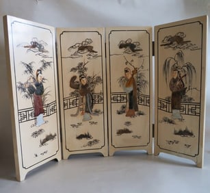 Asian Table Screen, 4-Panel, Carved Japanese Geishas, Hong Kong 1950s