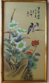 Flowers & Birds, Japanese Silk Painting, Shibata Zeshin Style, 1890s, Framed