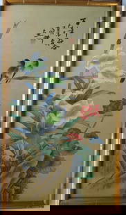 Flowers & Birds, Japanese Silk Painting, Shibata Zeshin Style, 1890s, Framed: "Flowers and 2 Birds on the Bamboo Fence", antique original Japanese painting on silk, Shibata Zeshin school / style, c.1890s, inscription and artist's red seal; vintage gilt bamboo shaped glass frame