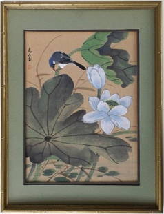 Lotus Flowers & Bird, Shibata Zeshin schoo,l style, Painting on Silk, 1890s, Framed: "Lotus Flowers & Bird" antique original Japanese painting on silk, Shibata Zeshin school / style, c. 1890s, signed with artist’s signature and red seal, bamboo shaped glass frame and picture mat. Th