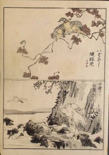 Yukoku Matsui, Japanese Katsura, Little Egret, 1st Print 1901 Meiji Era: "Japanese Katsura and Little Egret" by Yukoku Matsui, from the Kotori no negura, "Birds and Flowers." This is an authentic first woodblock print created and published by Unkindodo, Kyoto in 1901, Meij