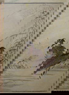 Yukoku Matsui, Silvery Amur Grass & Common Snipe, 1st Print 1901 Meiji Era: "Silvery Amur Grass & Pair of Common Snipe" by Yukoku Matsui, from the Kotori no negura, "Birds and Flowers." This is an authentic first woodblock print created and published by Unkindodo, Kyoto in 19
