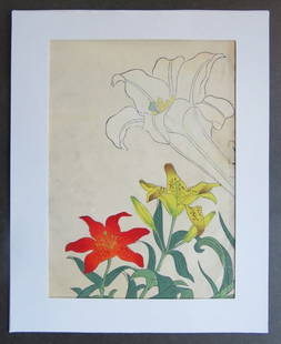 Sakai Hoitsu, Lilies, 1st Print Antique Woodblock 1907-1908, Meiji Era: "Lilies" by Sakai Hoitsu, genuine antique woodblock print from the Shiki no hana, authentic first printing by Yomada Unsodo, Kyoto, 1907-1908, Meiji Era 40-41. Woodblock print, c. 6.1/4" x 8.1/2" [16c